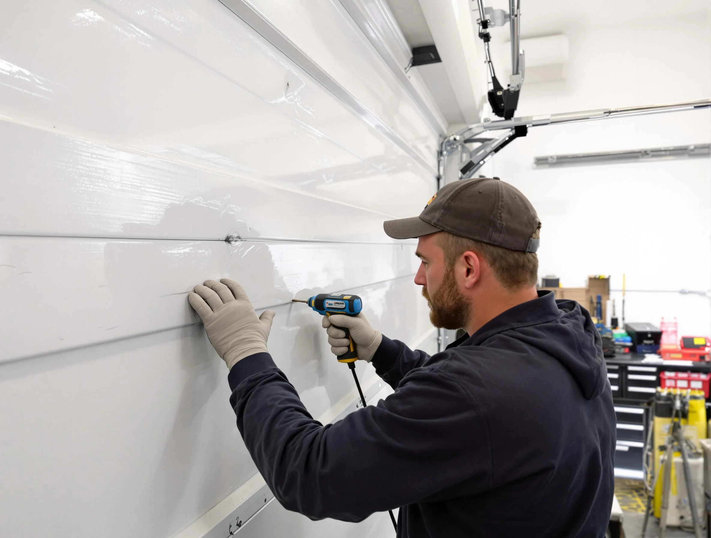 Cullman Garage Door Repair technician demonstrating precision dent removal techniques on a Cullman garage door